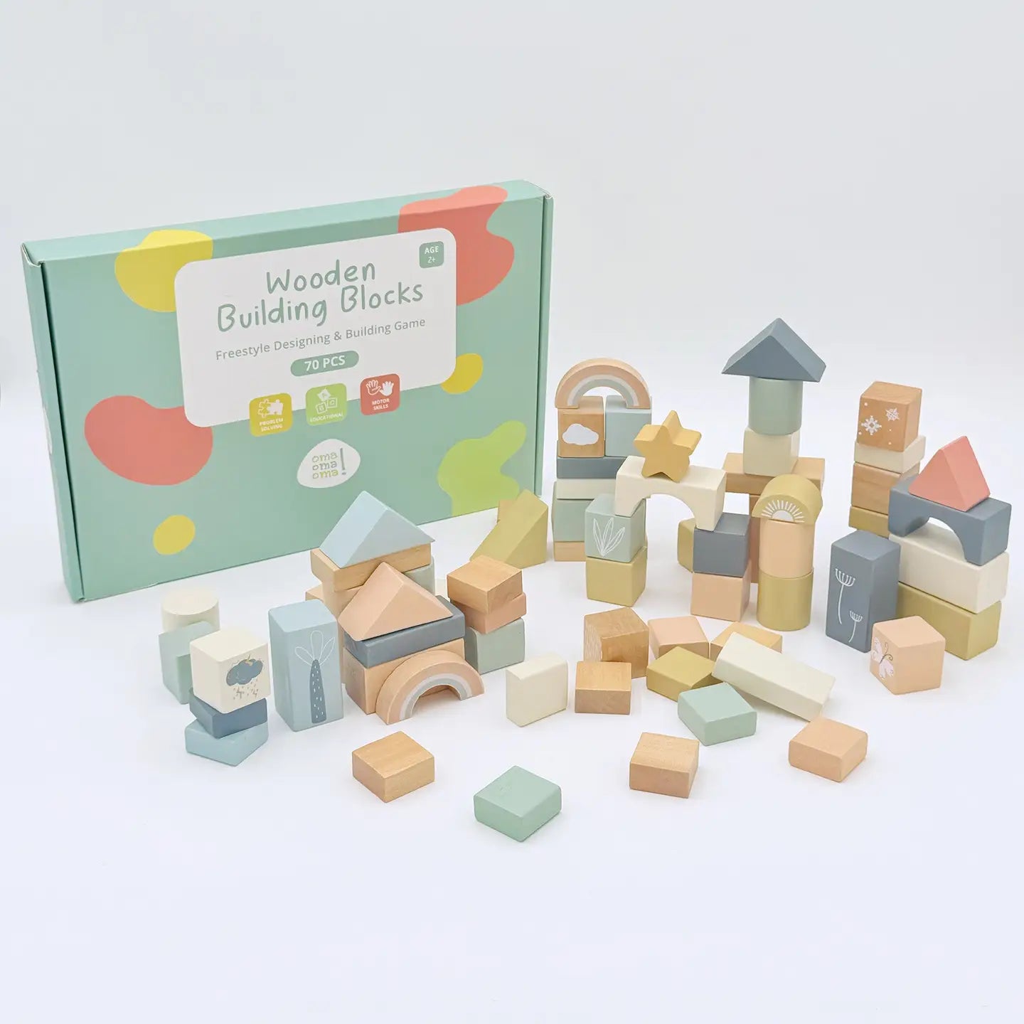 Wooden Building Blocks - 70pc Natural Wood Block Set Ages 2+