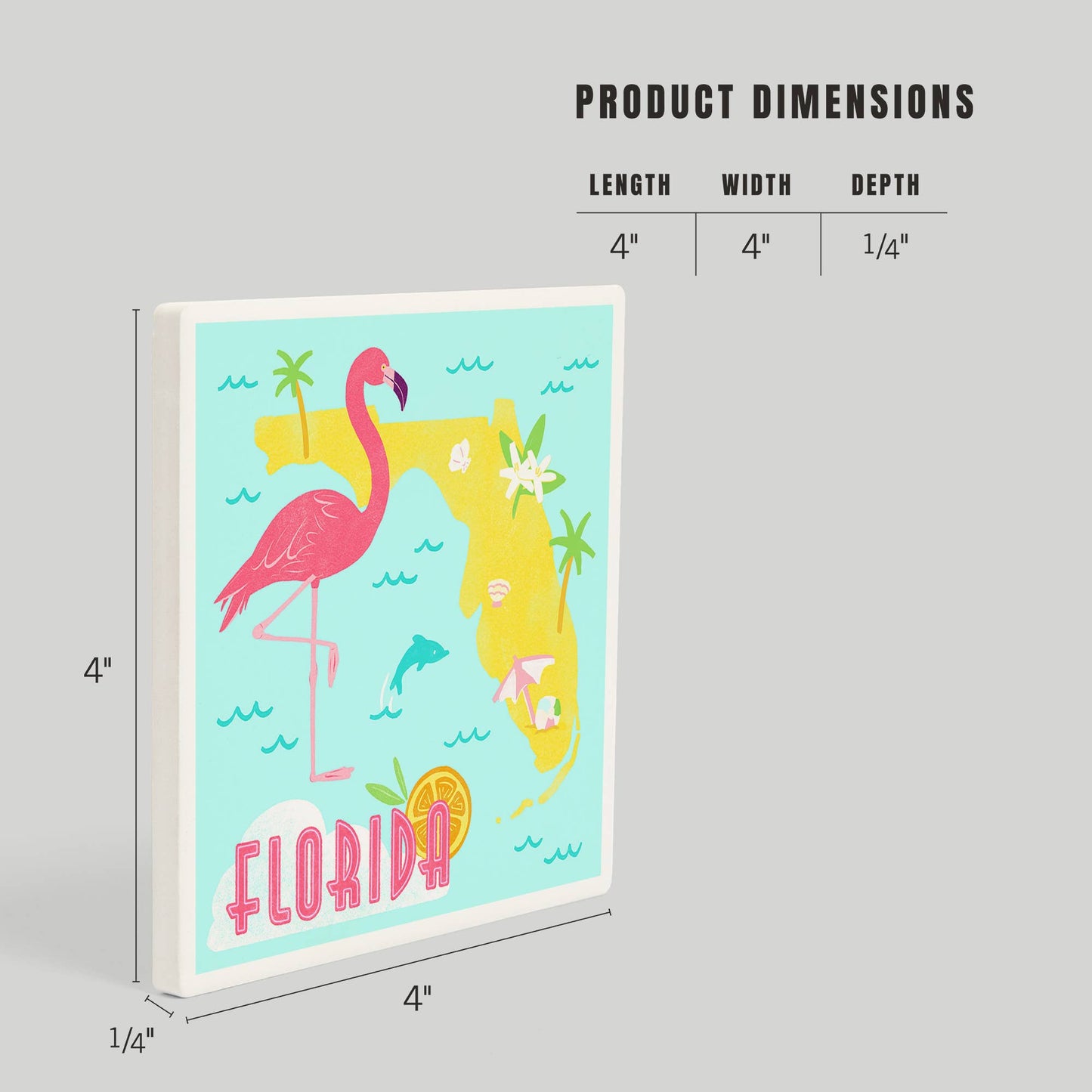 CERAMIC COASTER Florida, Flamingo & State Icons, Gouache