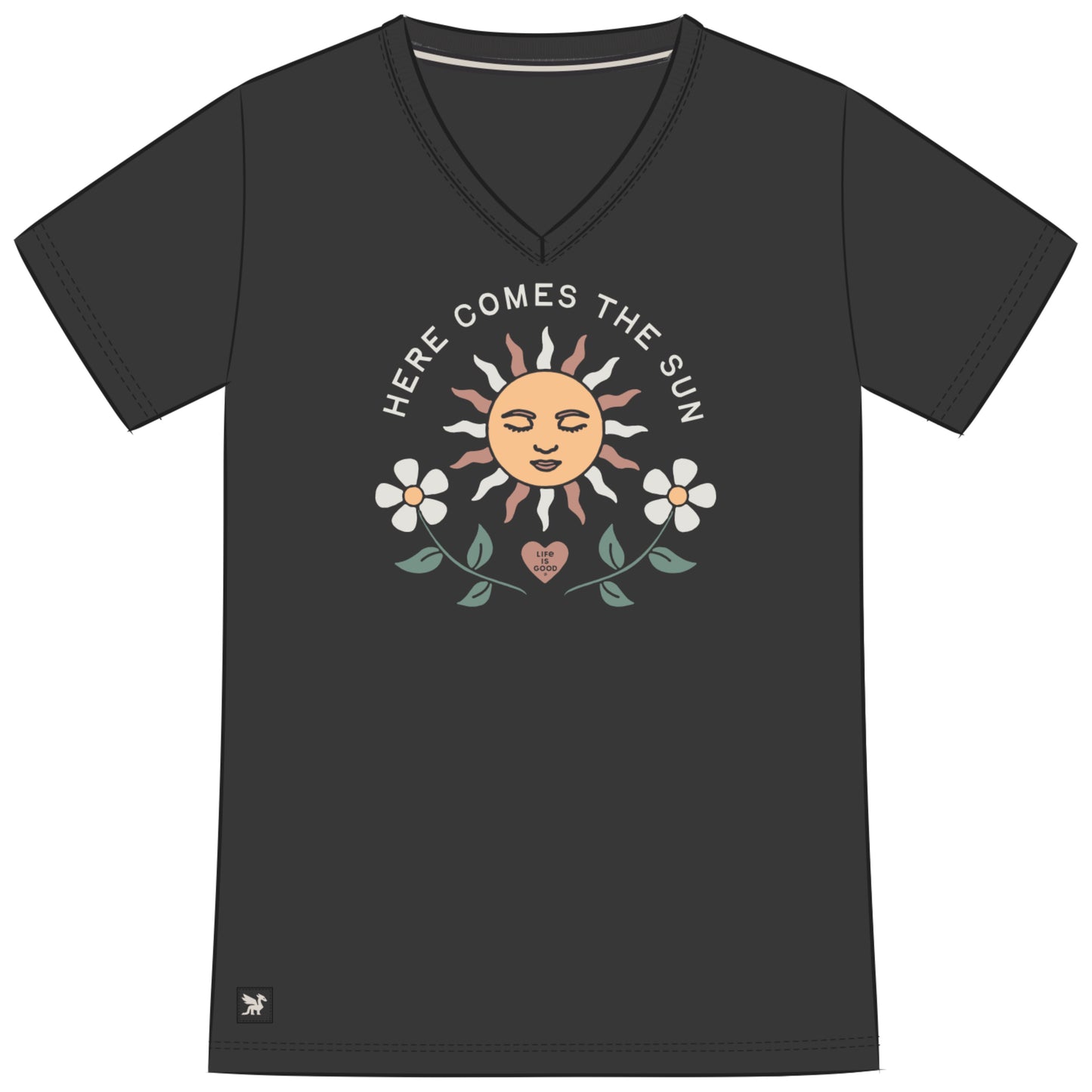 Women's Here Comes the Sun Heart Flowers Short Sleeve Crusher Vee