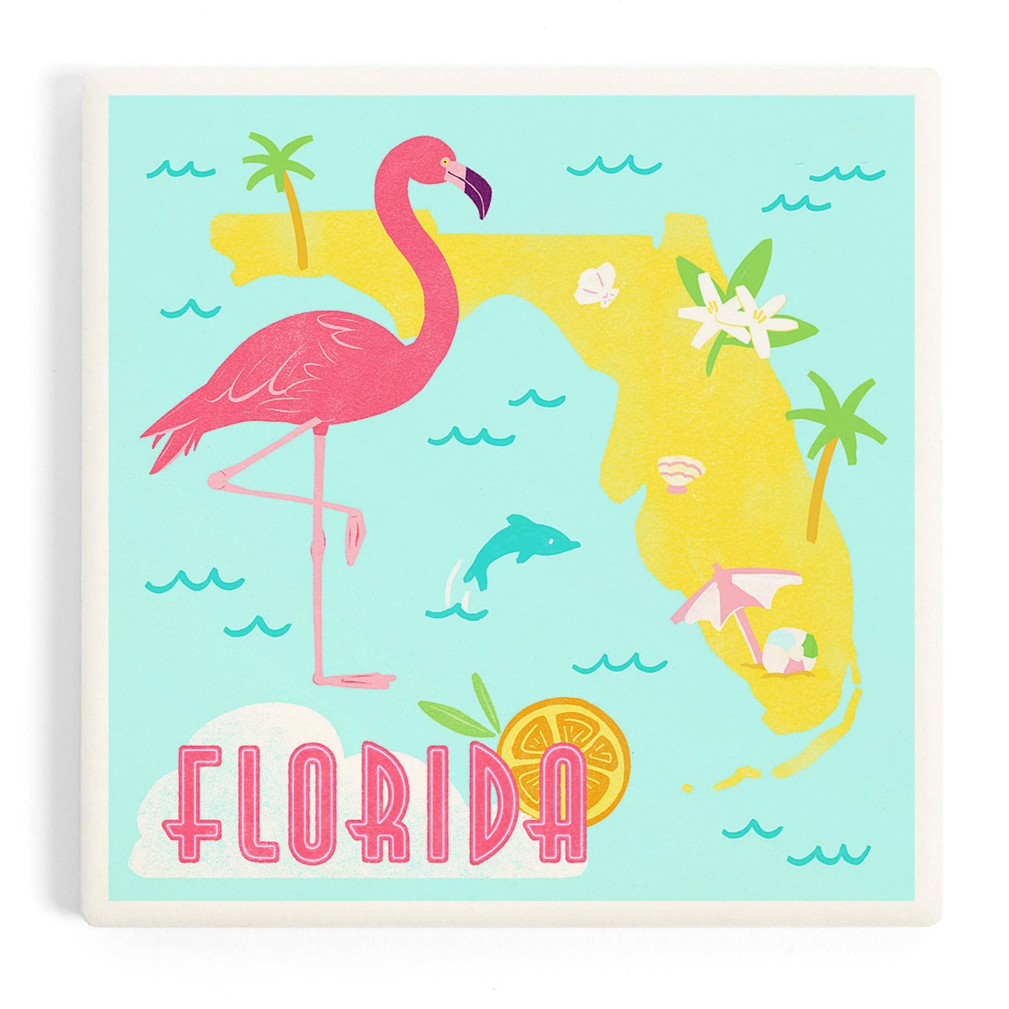 CERAMIC COASTER Florida, Flamingo & State Icons, Gouache