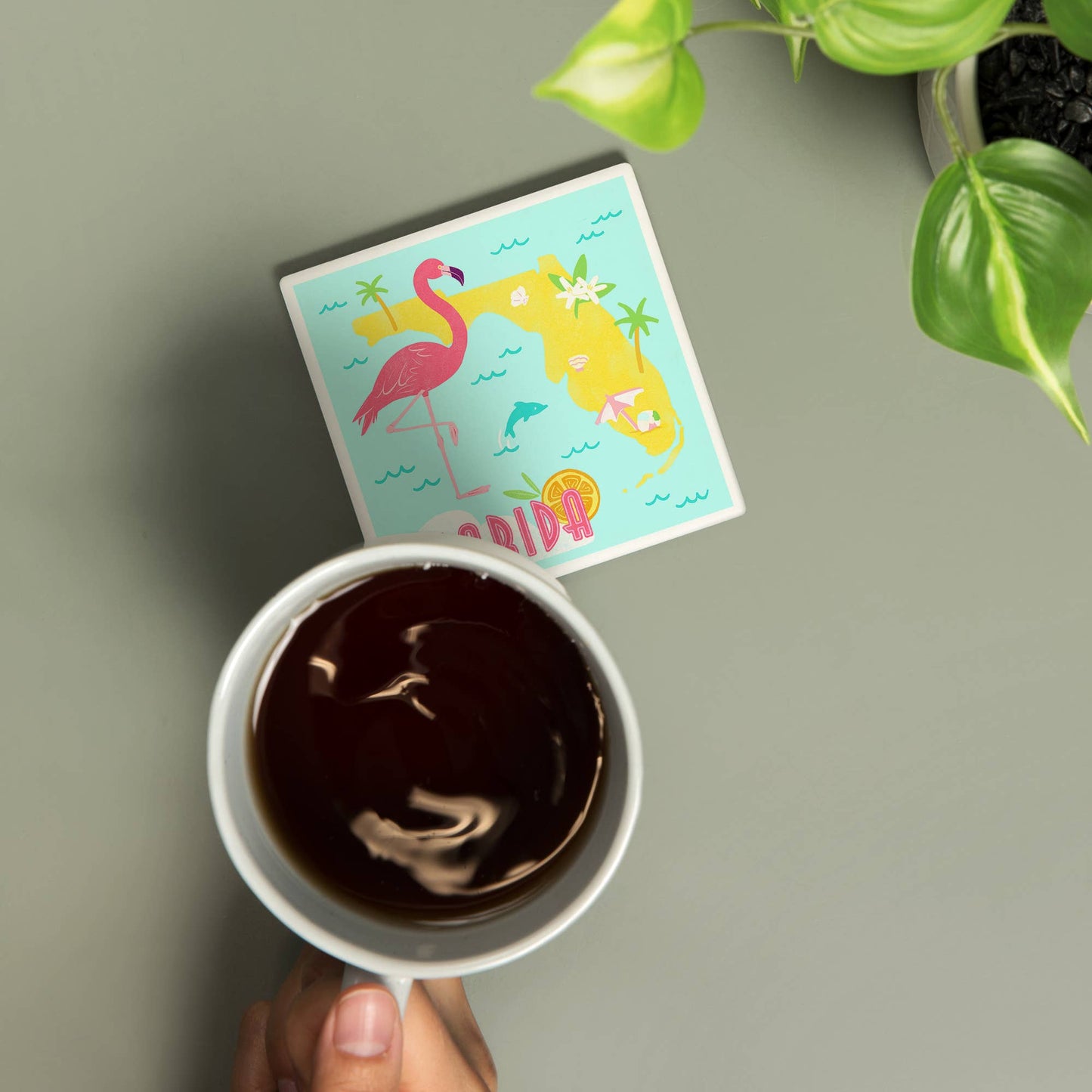 CERAMIC COASTER Florida, Flamingo & State Icons, Gouache