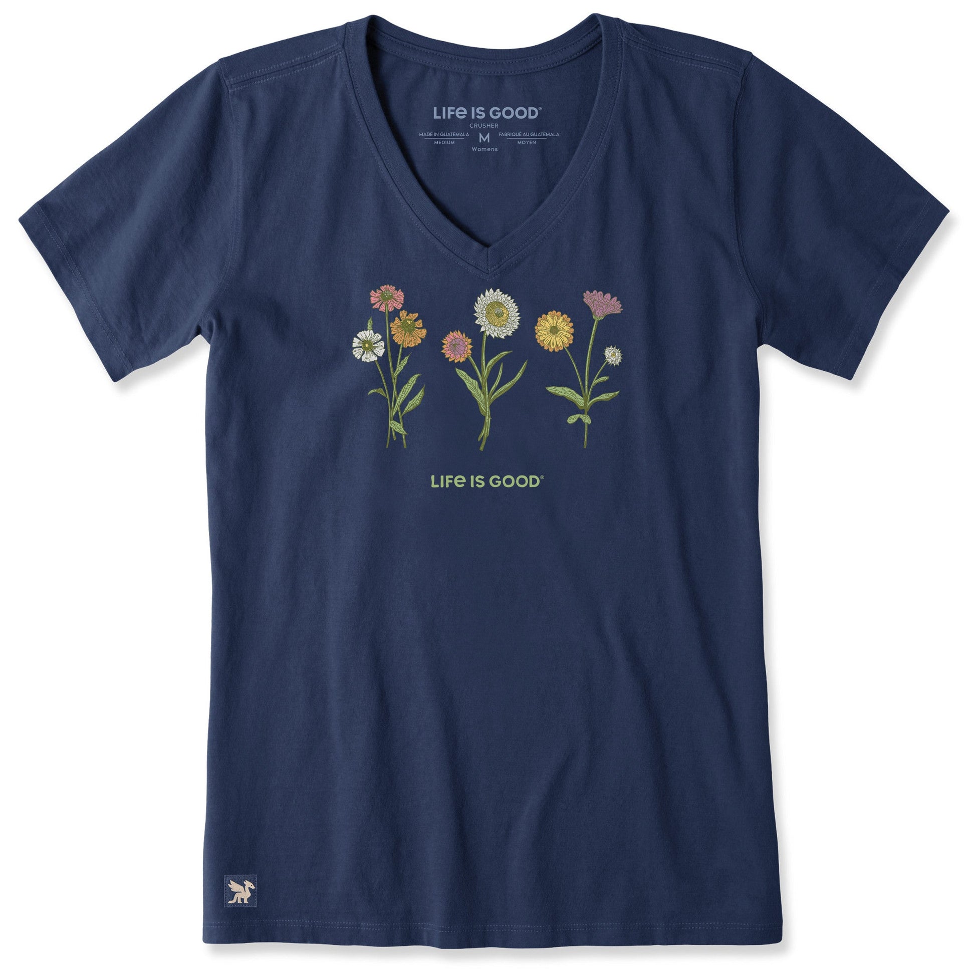 Life is Good Women's Fall Botanical Flowers Crusher Vee T-Shirt Darkest Blue