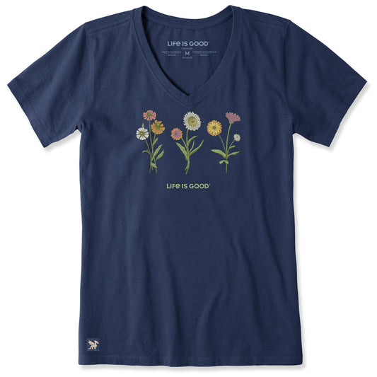Life is Good Women's Fall Botanical Flowers Crusher Vee T-Shirt Darkest Blue