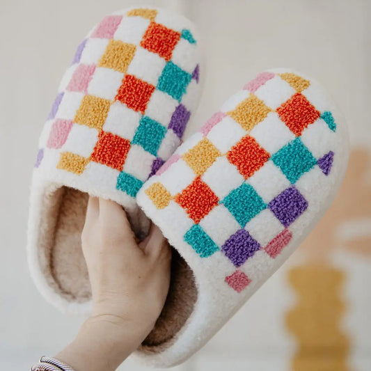 Katydid MULTICOLORED CHECKERED PATTERN FUZZY SLIPPERS