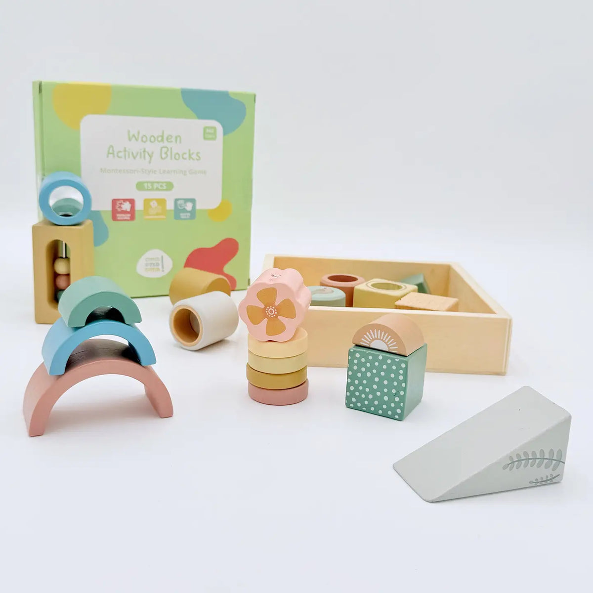 Activity Block Set Wooden Activity Blocks 15pc - Interactive Sensory Blocks Ages 12m ...