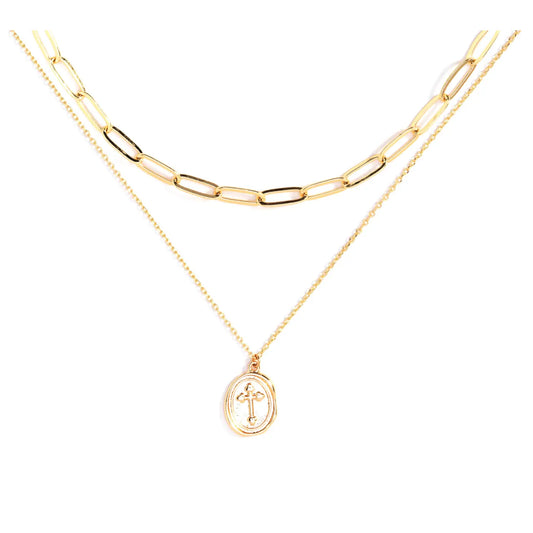 Splendid Iris - Oval Cross and Paper Clip Double Necklace