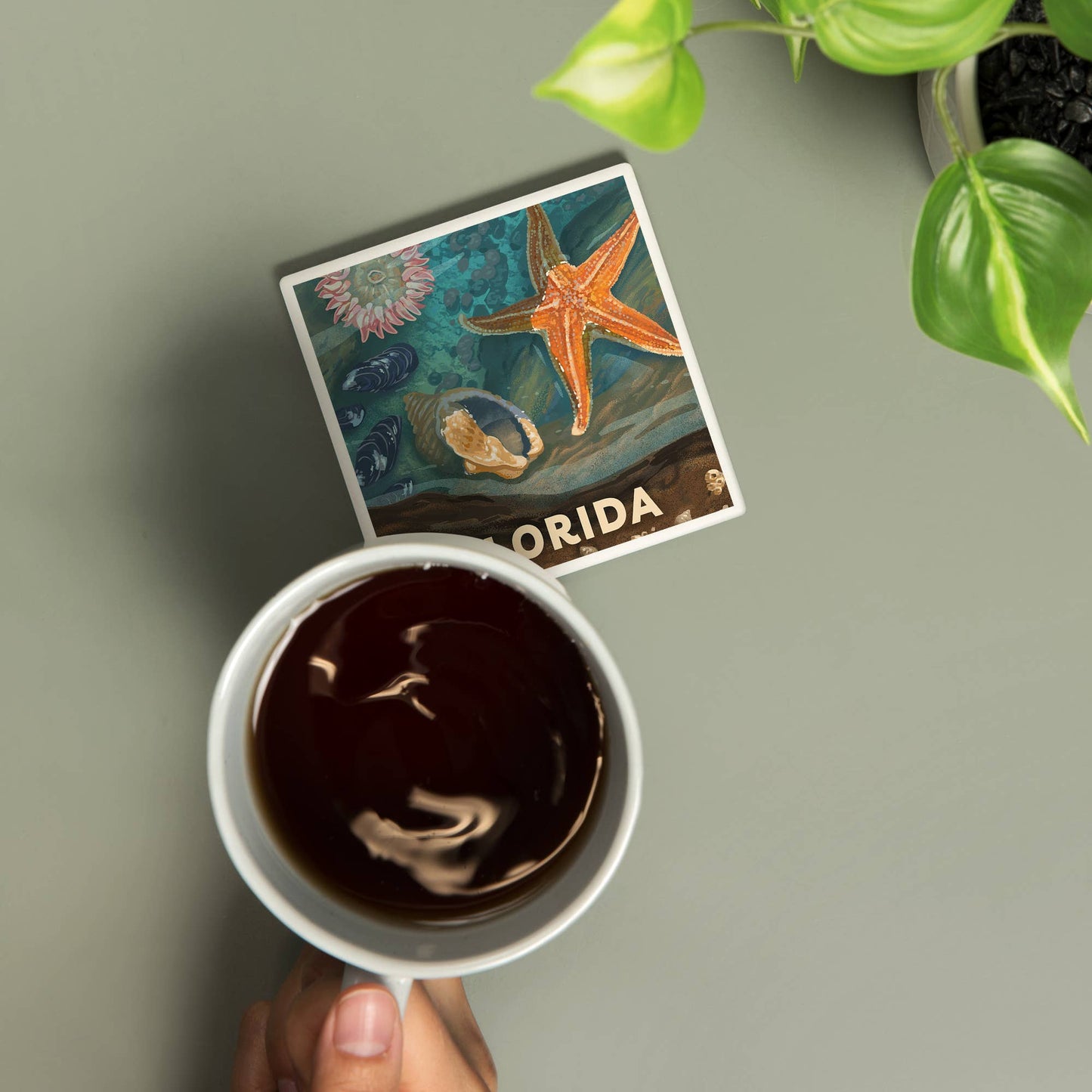 CERAMIC COASTER Florida, Painterly, Starfish & Shells
