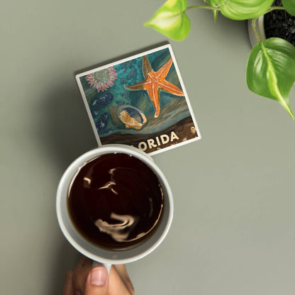 CERAMIC COASTER Florida, Painterly, Starfish & Shells
