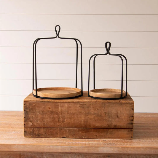 Black Open Lanterns with Round Wood Base