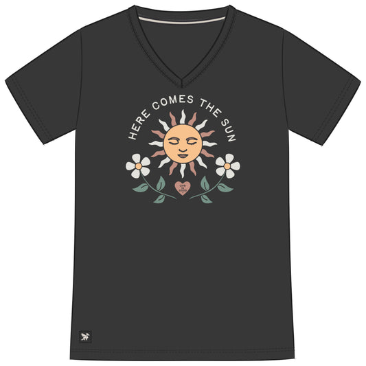 Women's Here Comes the Sun Heart Flowers Short Sleeve Crusher Vee