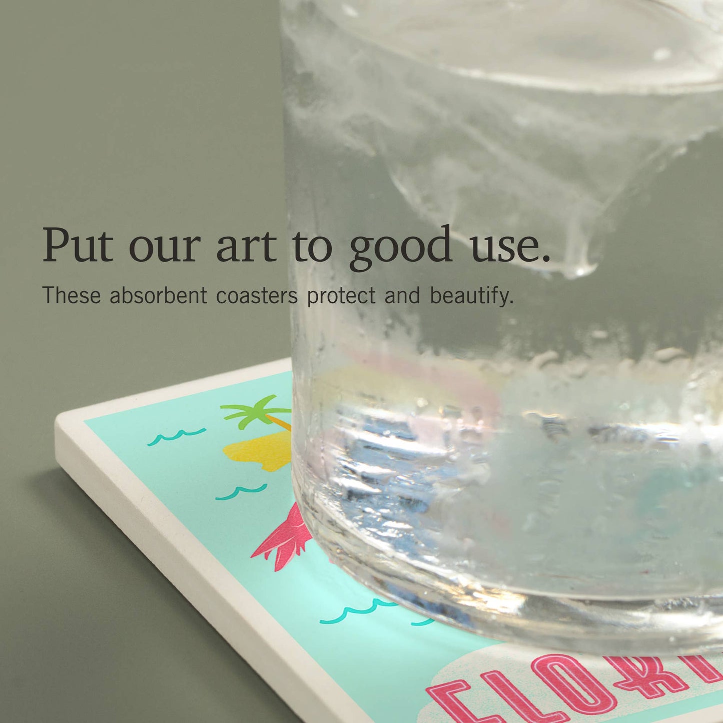 CERAMIC COASTER Florida, Flamingo & State Icons, Gouache