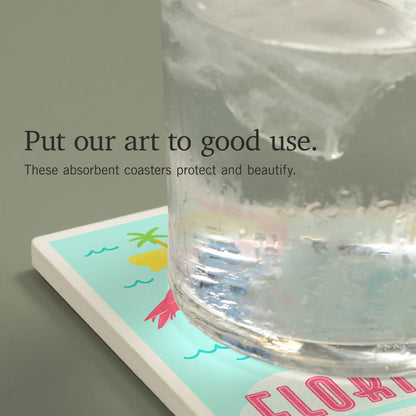 CERAMIC COASTER Florida, Flamingo & State Icons, Gouache