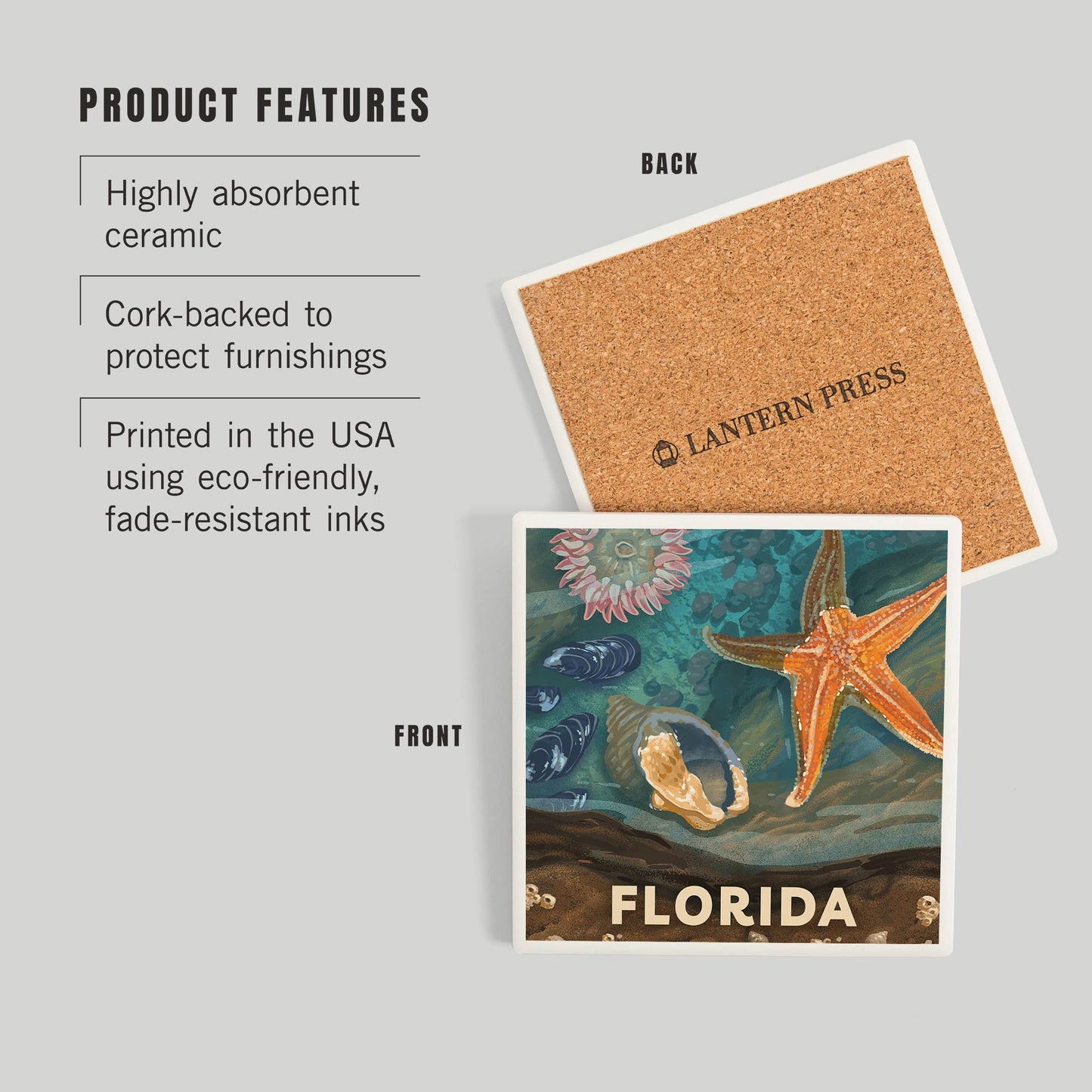 CERAMIC COASTER Florida, Painterly, Starfish & Shells