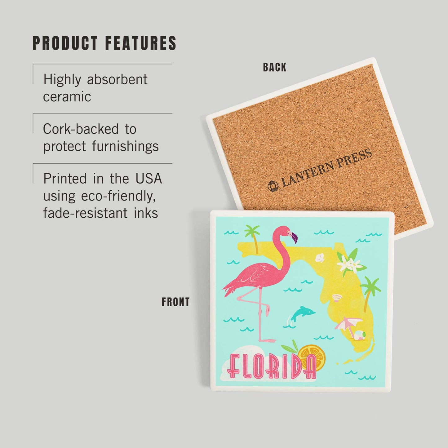 CERAMIC COASTER Florida, Flamingo & State Icons, Gouache