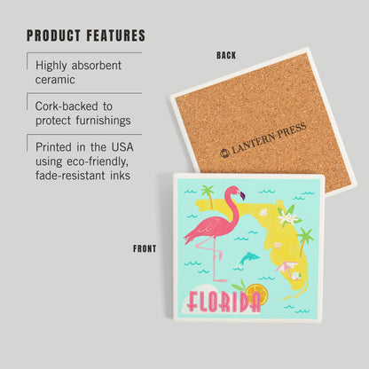 CERAMIC COASTER Florida, Flamingo & State Icons, Gouache