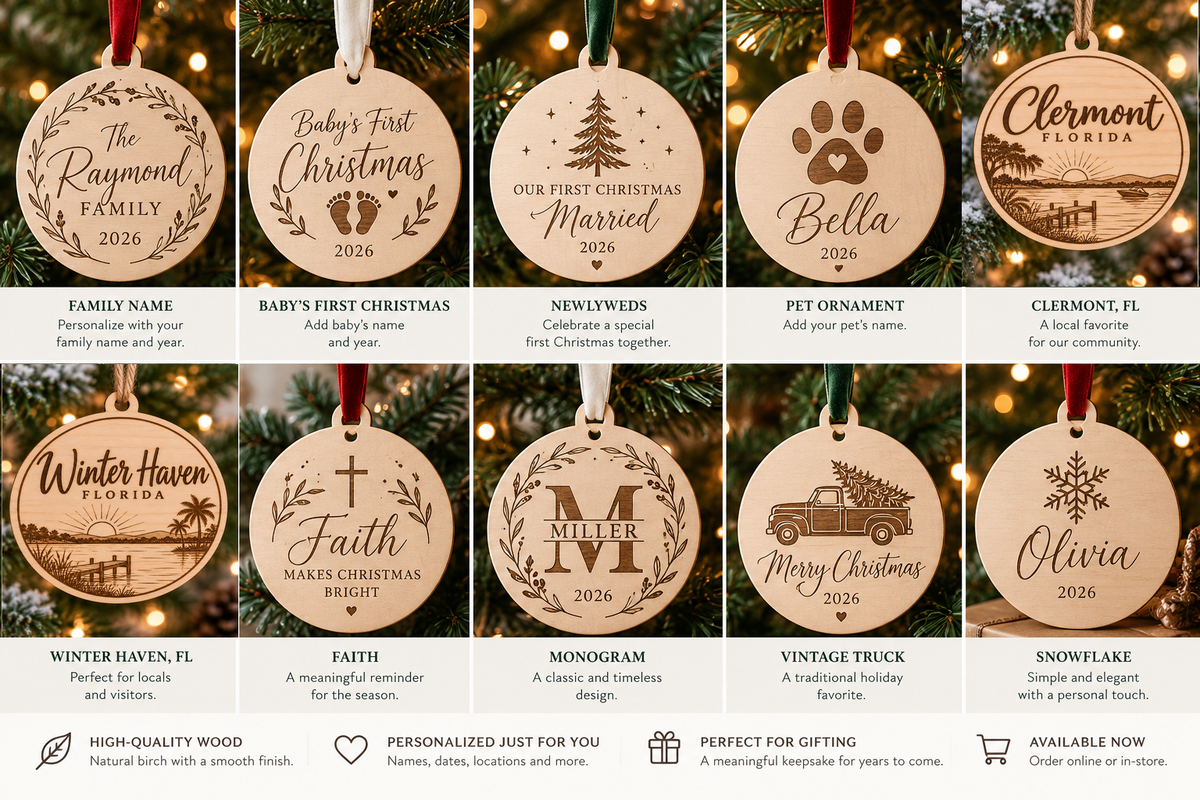 Ten ornament design choices including Clermont with a ski boat and Winter Haven lake scene